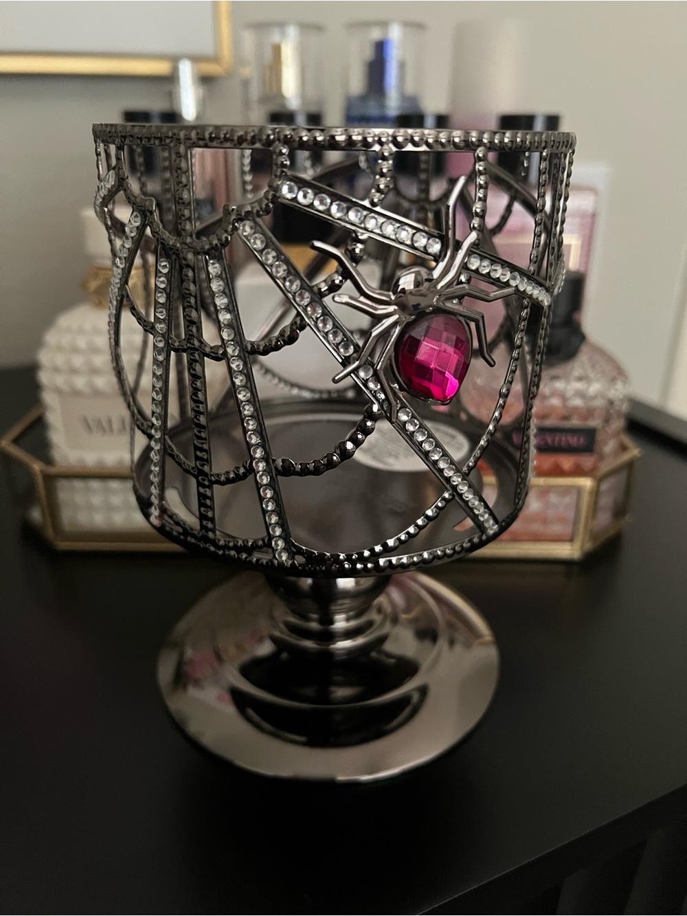 NEW BATH & BODY WORKS 2023 Black Metal Spiderweb Candle Holder w/ Pink Gem Bling